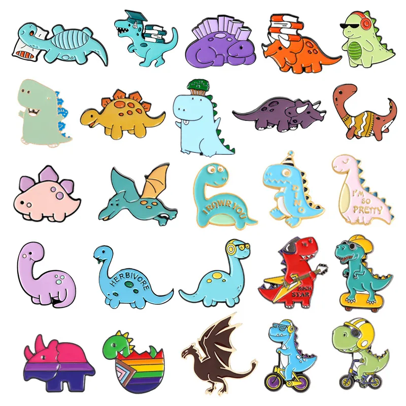 

Dinosaur Series Enamel Pins Book Skate Rock LGBT Animal Brooches Lapel Badges Funny Cartoon Jewelry Gifts for Children Wholesale