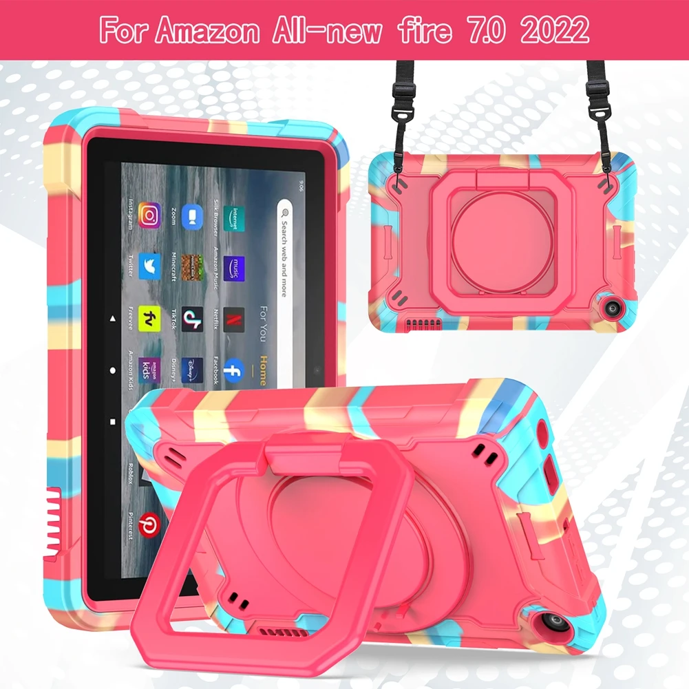 Cover For Amazon-All-New Fire 7 2022 7.0 inch Full body Heavy Duty Shockproof Hand Ring stand Kids Tablets Case Fundas