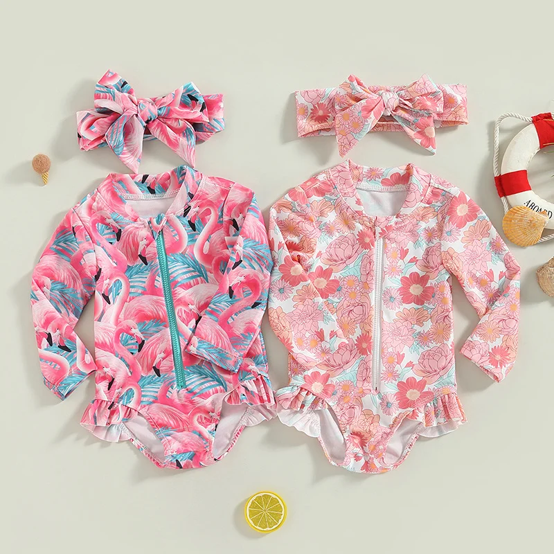 

Baby Girls Swimwear Flamingo/Flower Print Zipper Long Sleeve Bikini Romper with Headwear Sweet Beach Bathing Suit