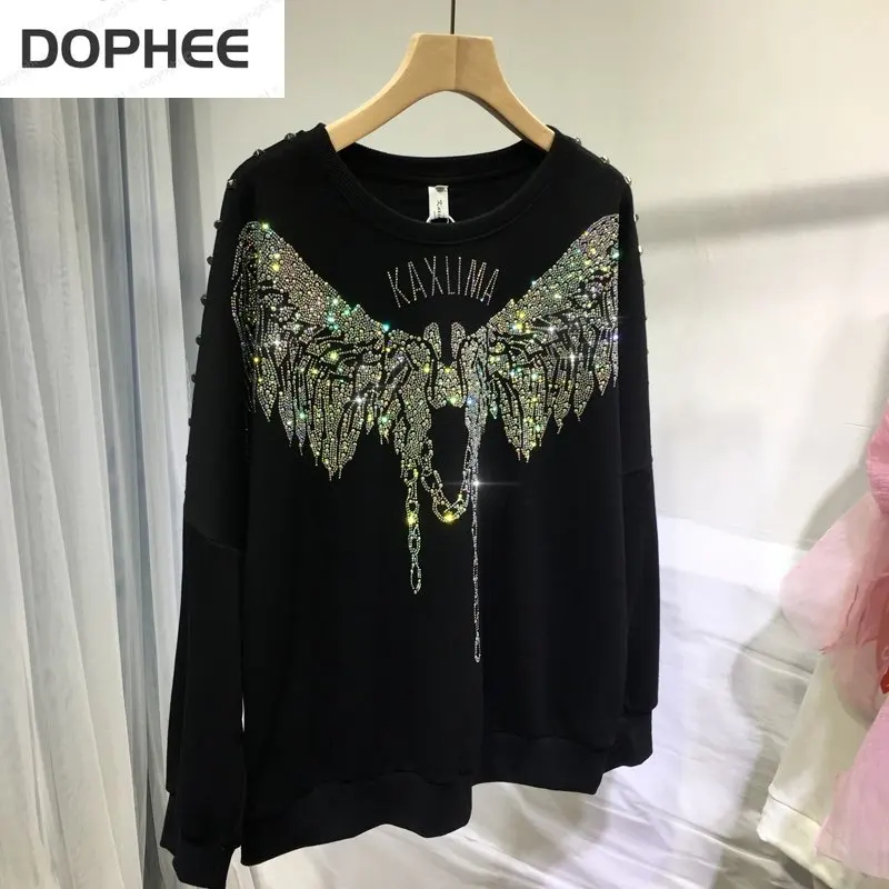 Luxury Blingbling Hot Drilling Big Wings Women Sweatshirt Round Neck Oversize Pullovers Top Autumn Winter Long Sleeve Hoodies