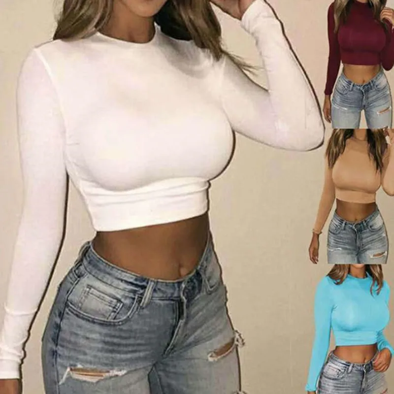 

Women Sexy Bodycon T Shirt Autunmn Women Long Sleeve O-neck Crop Top Modis Sheath T Shirt Fashion Autumn Solid Tops