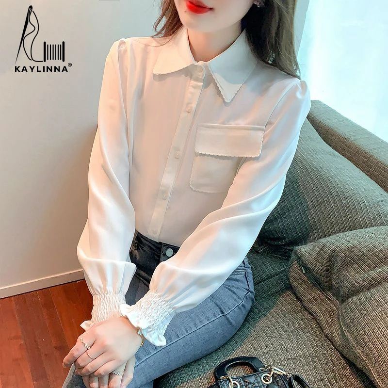 KAYLINNA Fashion Office Lady Button Blouse Women Casual Shirts Solid Long Sleeves Female Woman Blouses Chiffon Shirt Tops Womens