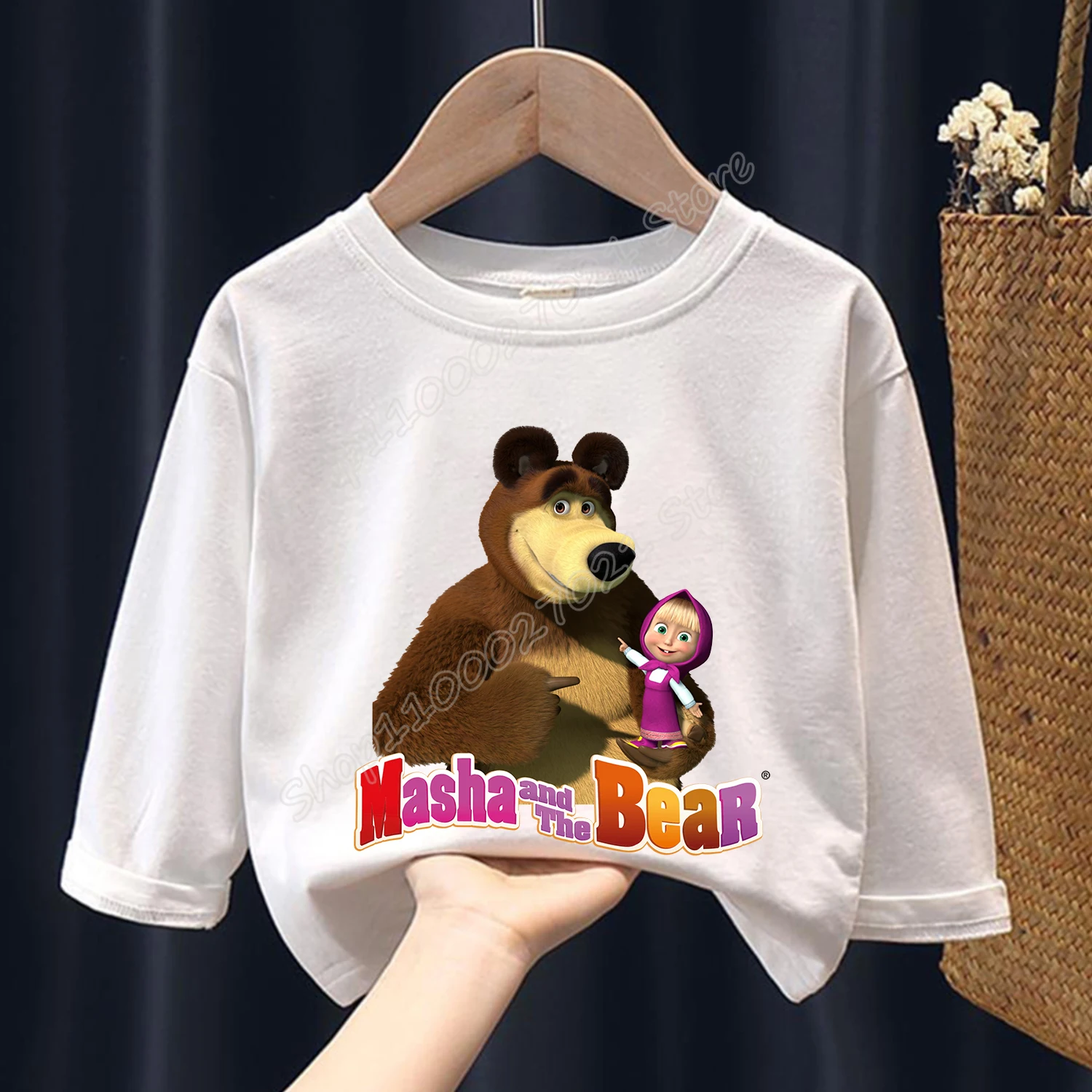 Mashas and The Bear с длинными рукавами для детей одежда героями мультфильмов белая