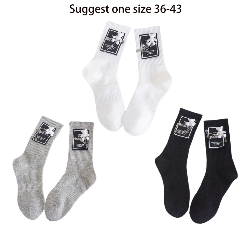 

Unisex Harajuku Ribbed Crew Socks Cute Bear Metal Chain Letters Patch Hosiery