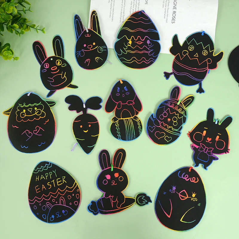 

DIY Magic Rainbow Color Scratch Art Paper Card Set with Drawing Stick Art Painting Kids Educational Toys Easter Egg Rabbit Decor