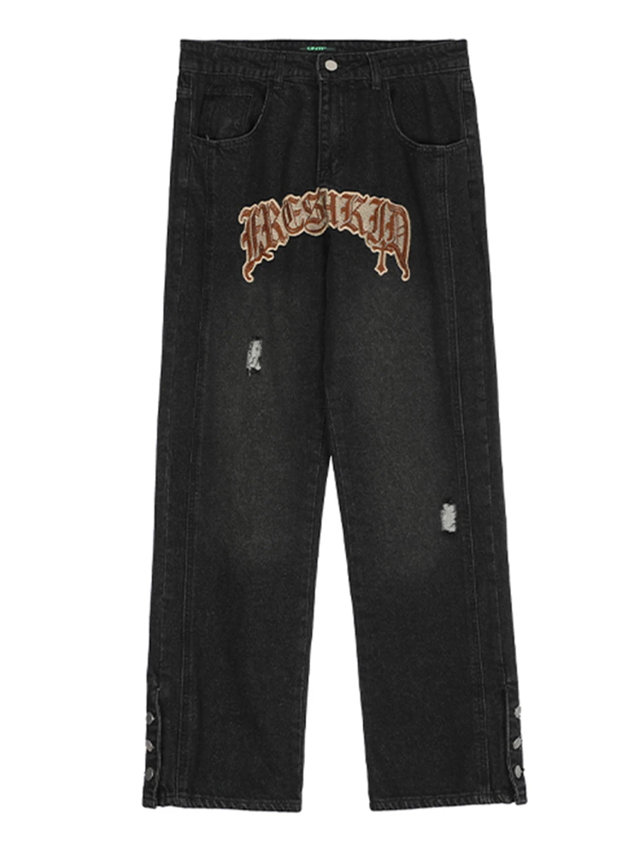 Fashion Brand Embroidered Letters Y2k Men Jeans Street Side Buttons Loose Wide Leg Long Pants Streetwear Men Jeans Pants