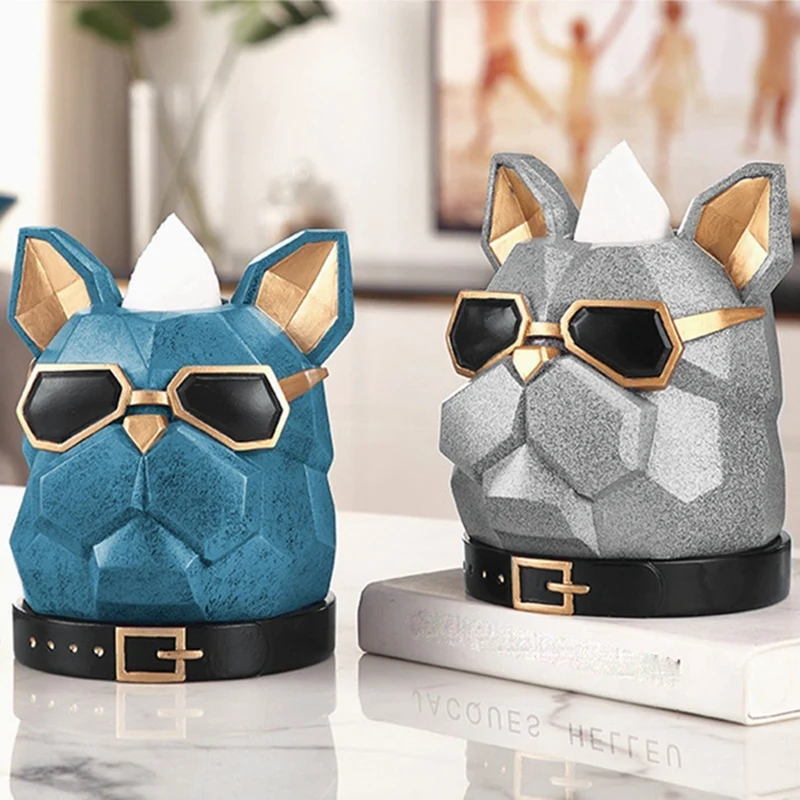 

Glasses Dog Head Tissue Box Sculpture Creative Resin Animal Head Simple Home Living Room Decoration Accessories Modern
