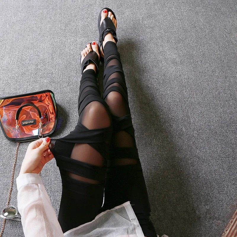 2024 сексуальные прозрачные кружевные леггинсы с вырезами для женщин черные