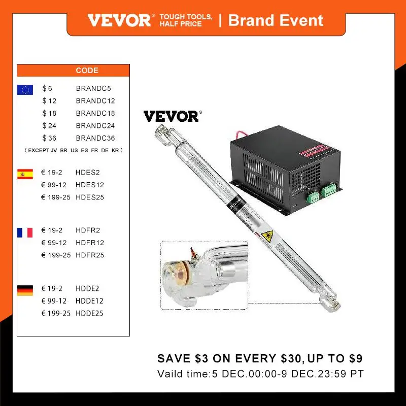 

VEVOR 60W Glass Laser Tube and 60W Laser Power Supply Kit 1000mm Length CO2 Laser Engraver for Laser Cutter Engraving Machine