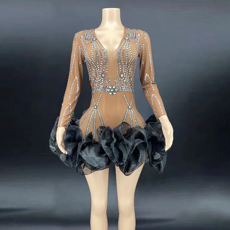 

Women Jazz Dance Costumes Sparkly Rhinestones Mesh Transparent Black Dress Evening Party Sexy Outfit Performance Dress DN11093