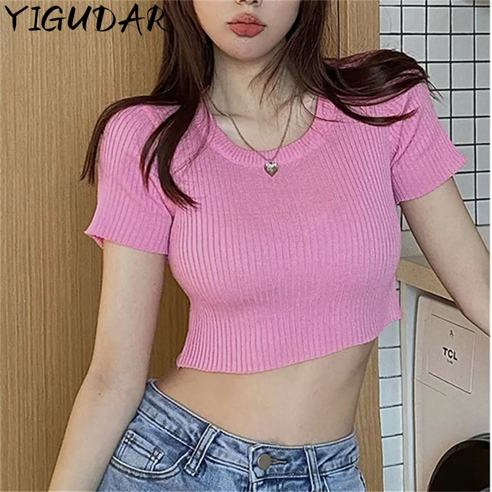 

Women Summer Ice Silk Knitted T-Shirts Solid Multi Bottoming Casual Slash Neck Knitting Elasticity Wild Tops crop top