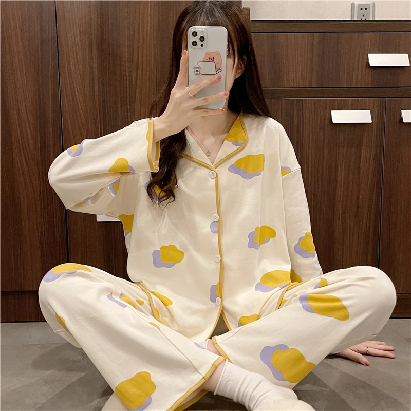 Spring Autumn Pajamas Set for Women Thin Cotton Fashion Print  Women Long Sleepwear Suit Home Clothes Women Female Sleepwear