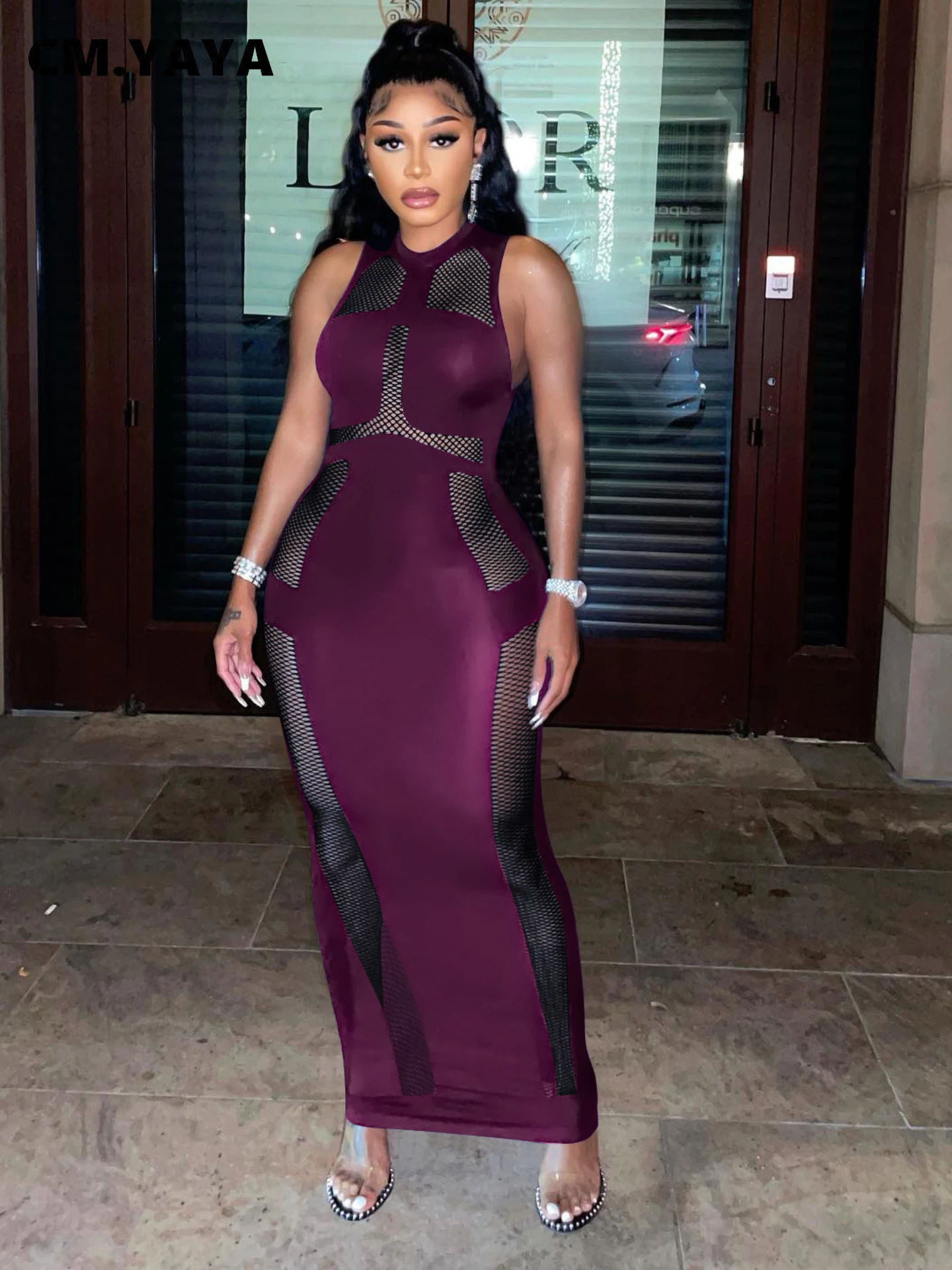 

CM.YAYA Women Gauze See Though Patchwork Sleeveless O-neck Bodycon Midi Maxi Long Dresses 2022 Summer Sexy Party Club Dress