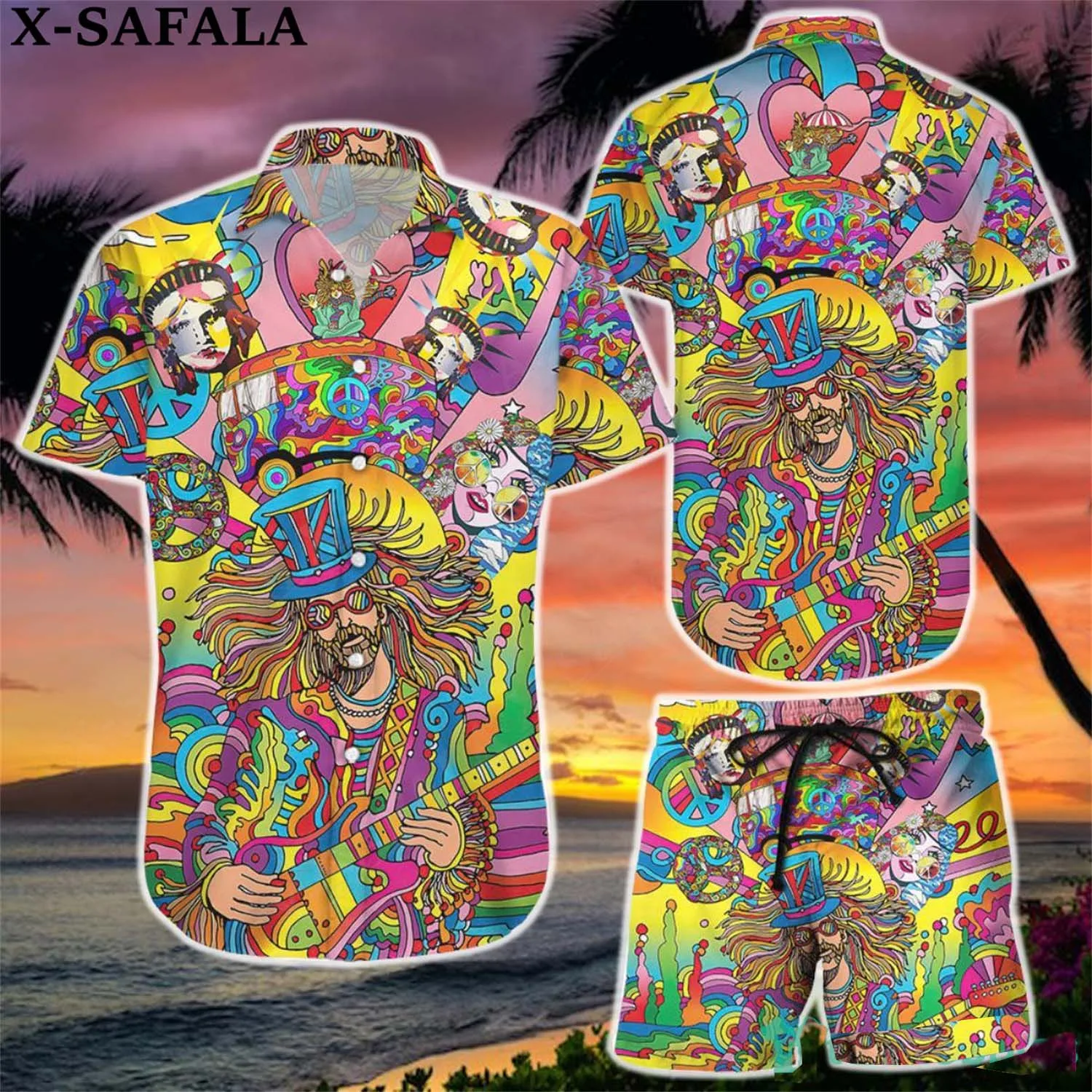 

Love Peace And Music Aloha Hippie 3D Printed Summer Loose Baggy Casual Hawaiian Vacation Shirt Tee And Shorts Man Woman Suits