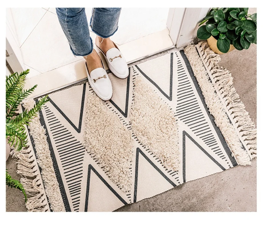

Bedroom Rug Woven Boho Style Living Room Carpet Non Slip Floor Mat Household Cotton Bedroom Bedside Rug Door Mat Entrance