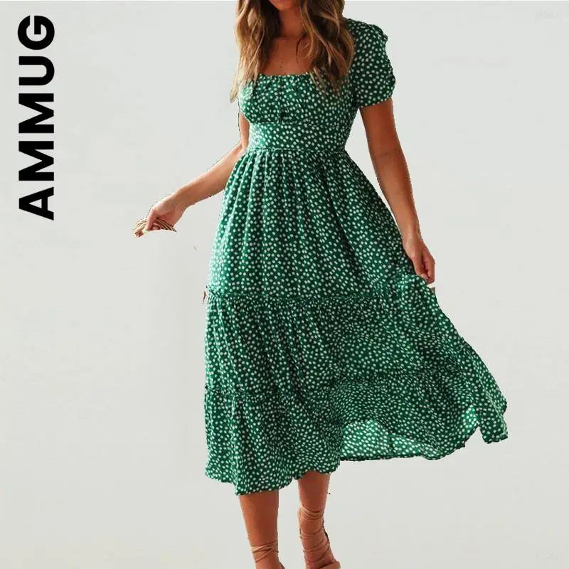

Ammug Dress Women Fashion Popular Print Puff Sleeve summer Beach sweet dresses Harajuku Girl Women Clothing Female Vestidos