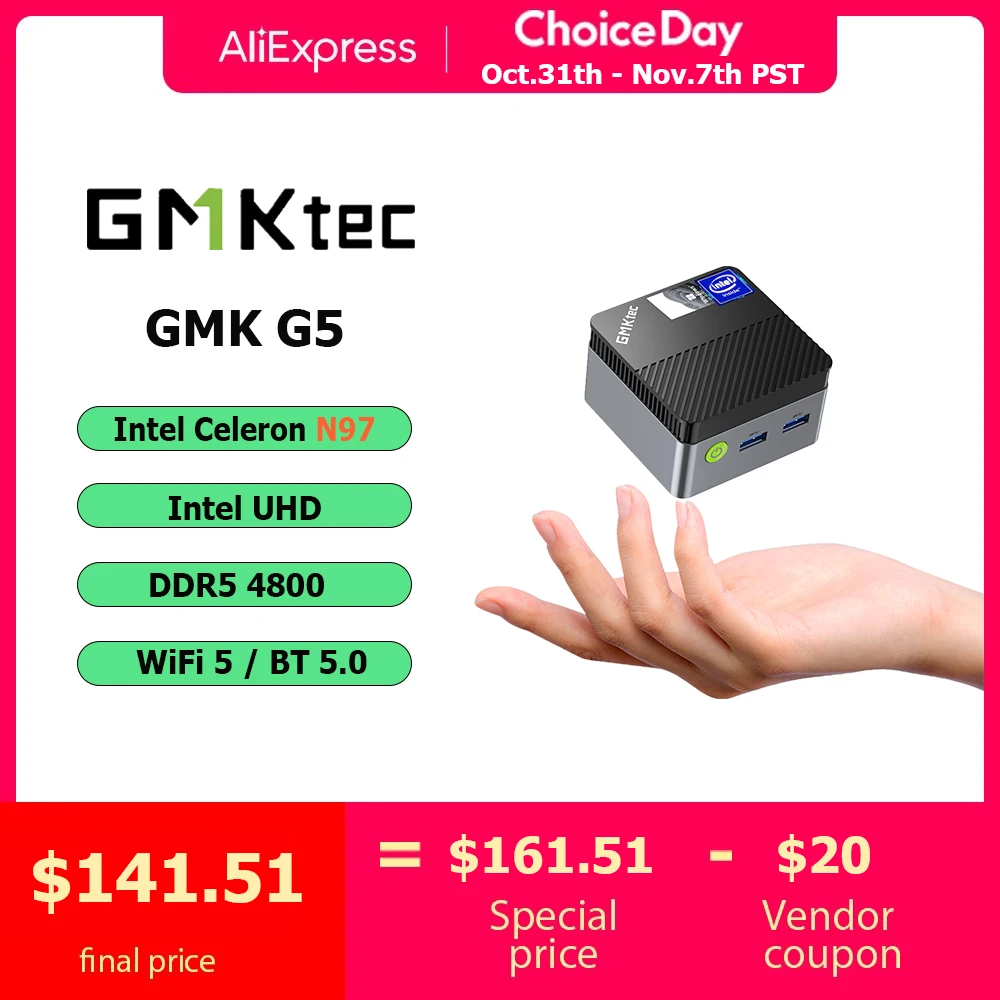 GMKtec G5 GMK Мини-ПК Intel 12 N97 Компьютер Windows 11 Pro Настольный DDR5 4800MT/s M.2 2242 SATA WiFi 5 BT5.0