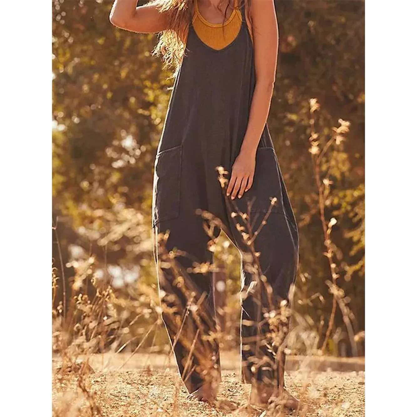 Весна-лето новый модный женский комбинезон однотонный черный повседневный на