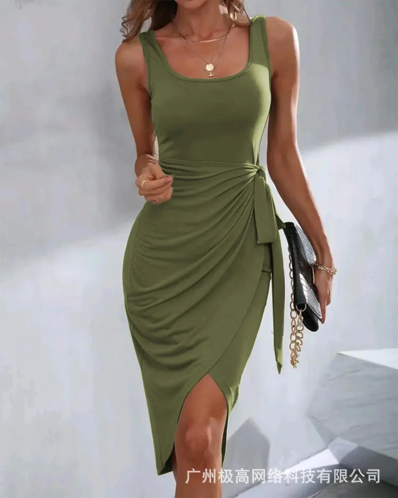 

Women Dress Solid Color Fashion Sleeveless Sling U-neck Sexy Slim Temperament And Knee-length Irregular Lace-up Dress