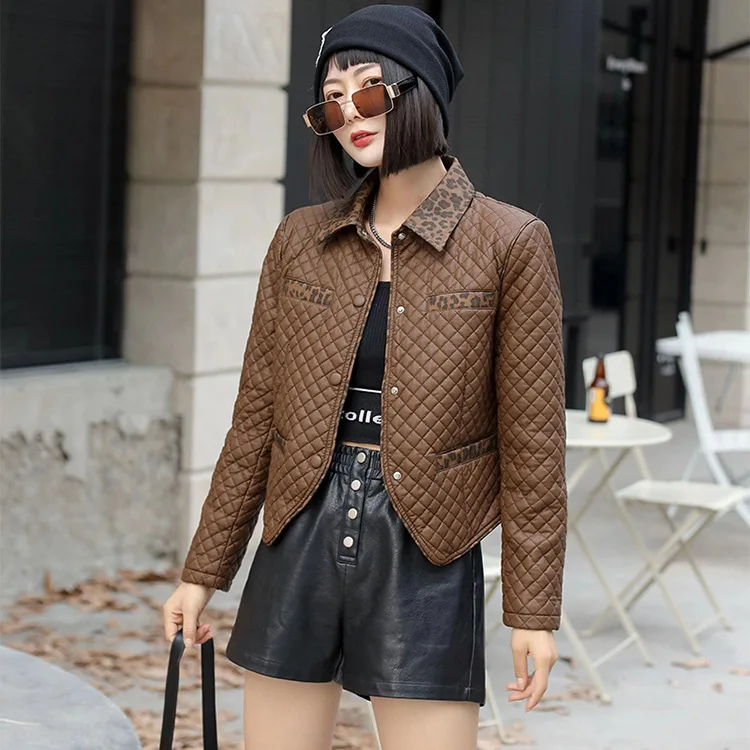 KoHuiJoo  2022 Autumn Winter New Plaid Leather Jacket Women Coats Leopard Patchwork Korean Washing PU Casual Leather Coat Short