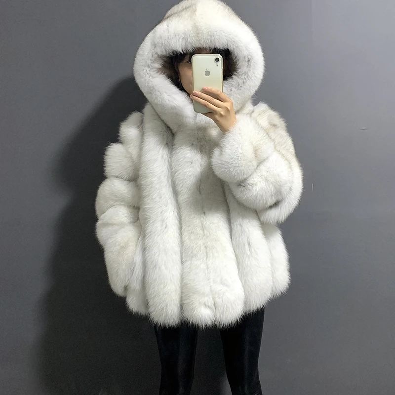 Super Warm Women's Natural Fox Fur Coat With Big Hood Ladies Winter Genuine Leather Cold-Resistant Overcoat Real Fox Fur Jackets