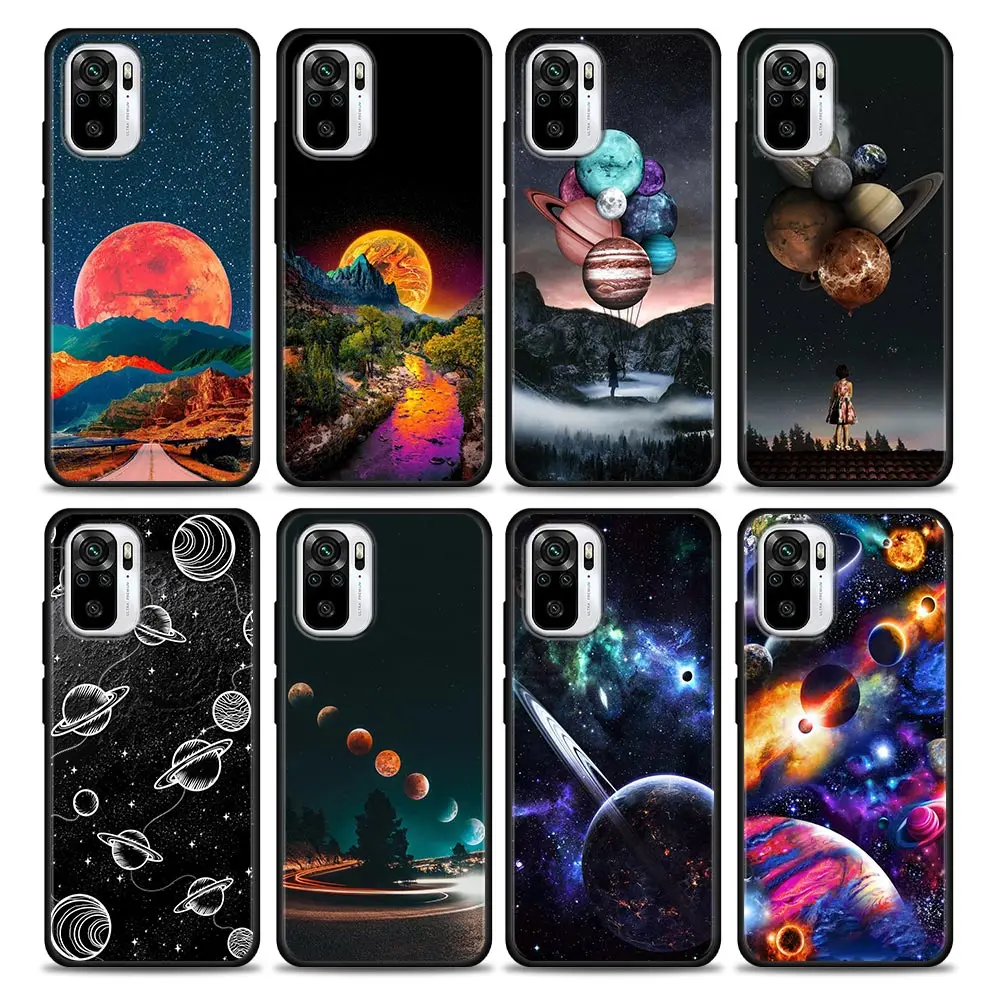 

Night Sky Space planet Moon Stars Silicone Phone Case For Xiaomi Redmi Note 9 9T 10 11 s 11E 8 7 Poco M3 M4 Pro Black Cover Case
