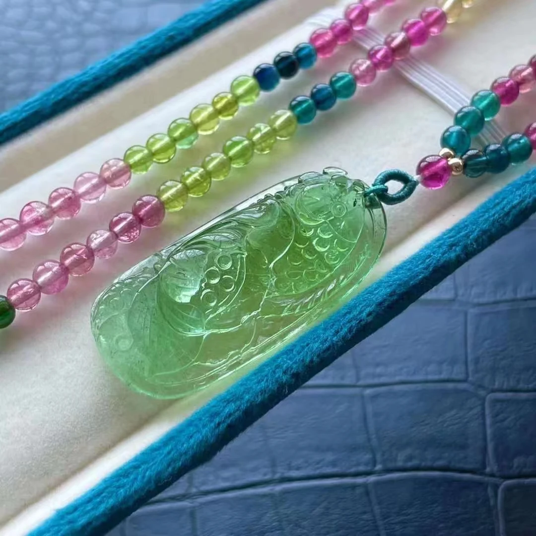 

Natural Green Tourmaline Fish Carved Pendant Necklace 41.2*19*8.6mm Women Clear Round Beads Rare Red Tourmaline AAAAAAA