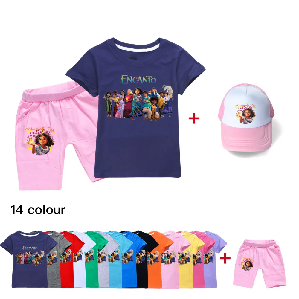 

Disney Spring/Summer 2022 Kids Encanto Shorts 3-Pack Cotton Soft Fashion Cartoon Print T-Shirt + Hat Boys Girls 2-16Y