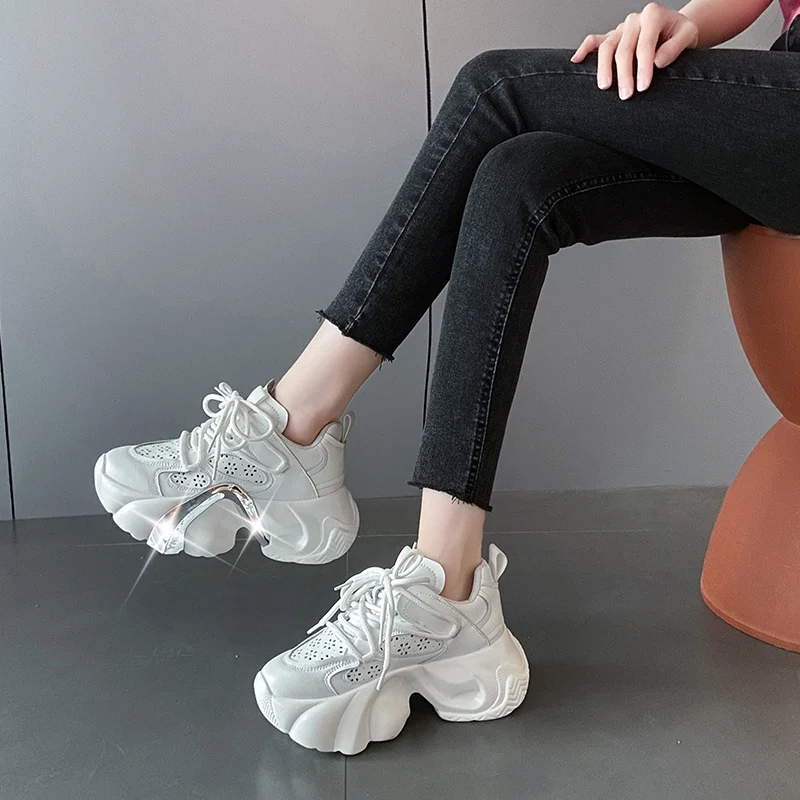 2023new Spring/Summer Shiny Sequins Thick Sole Women's Breathable Lace up Elevated Shoes Women's Fashion Cute Pink Sneakers