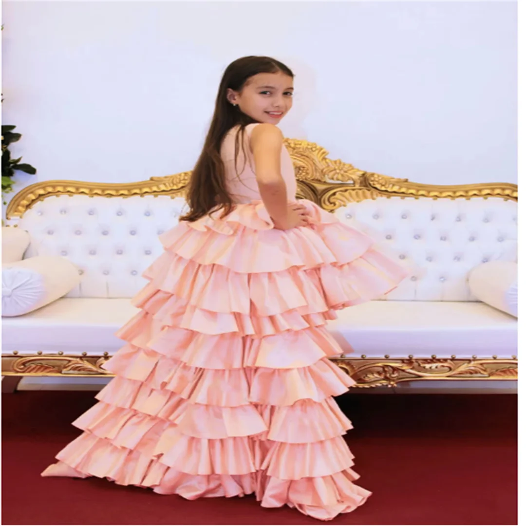 Платье с цветочным узором на плечах для девочек свадьбу розовое многослойное