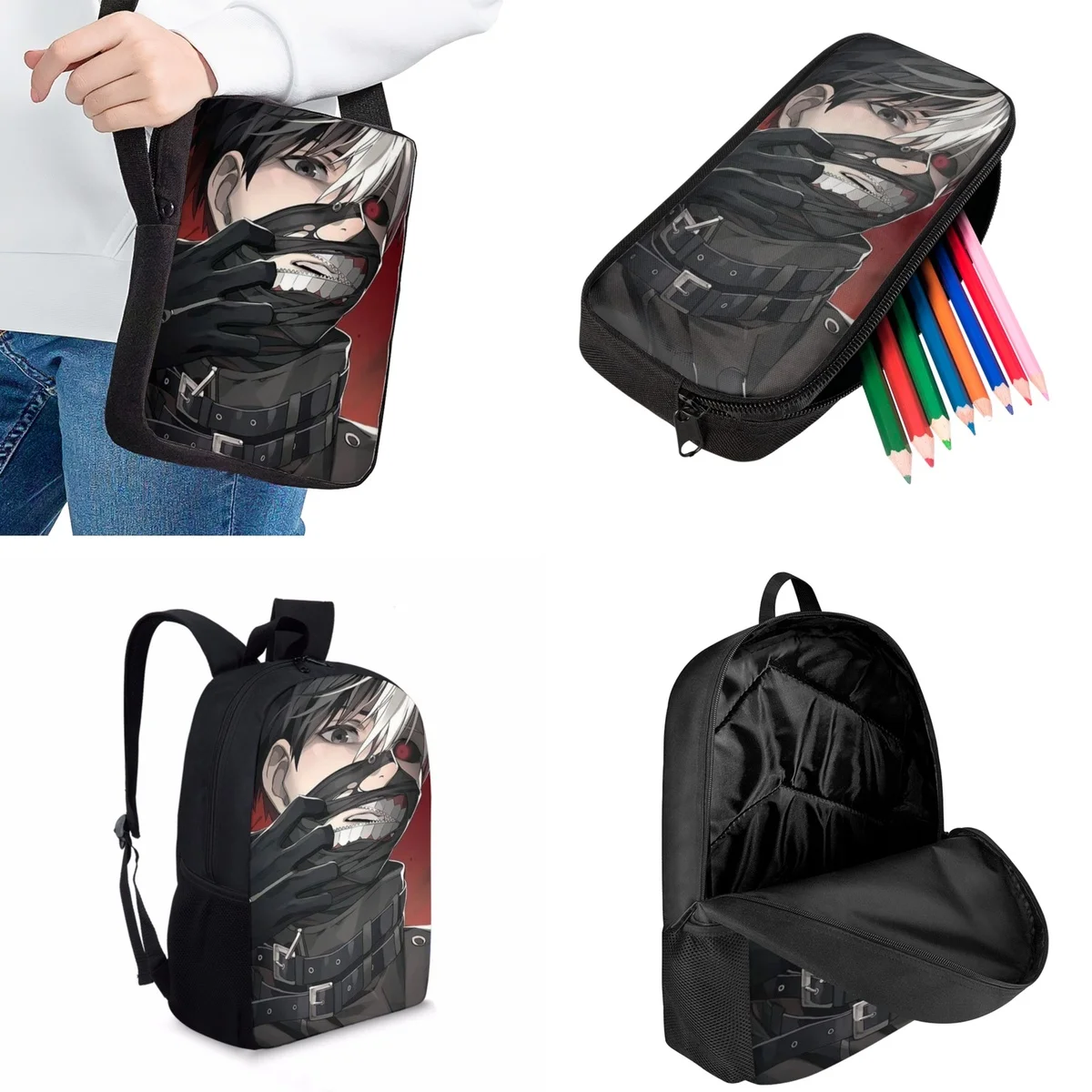 Jackherelook Trendy School Bags 3pcs for Teenagers Tokyo Ghoul Anime Casual Kids School Sports Backpacks Boys Girls Bookbags