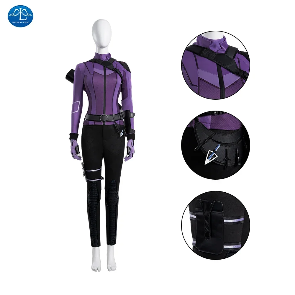 

Hawkeye Kate Bishop Cosplay Costume Full Set with Purple Coat and Leather Shoes for Adult Women Halloween Costumes for Girls