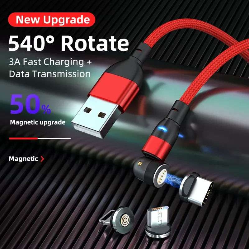 

3A 540 Rotate Magnetic Cable Fast Charging Magnet Charger Micro USB Type C Cable Mobile Phone Data Wire Cord For iPhone Xiaomi