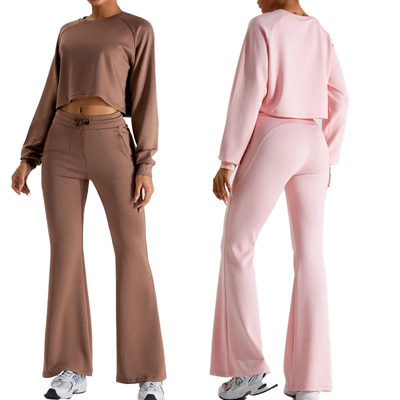 

Женский комплект для фитнеса, осенне-зимний тренировочный наряд, свитшот с длинным рукавом и расклешенные штаны для йоги, повседневная спортивная женская одежда