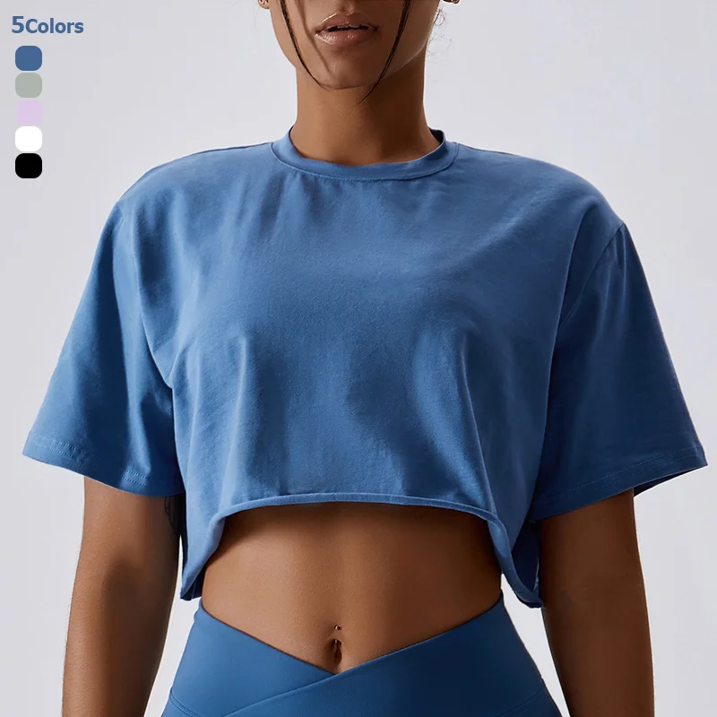 

Short-sleeved Yoga T-shirt Female Solid Color Cotton Fitness Running Tops Loose Breathable Sweatshirt Female Sportswear