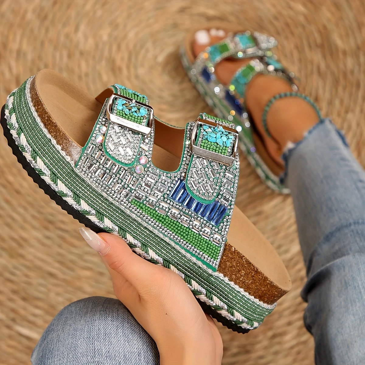 Блестящие босоножки на каблуке со стразами — сверкающие вечерние шлепанцы без