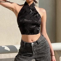 new women chinese style jacquard black halter top backless lace up bow summer tank top women sexy vest gothic crop tops woman