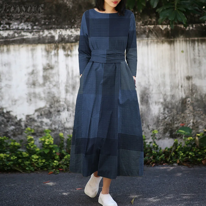 

2022 Stylish Checked Printed Sundress Women Casual Long Sleeve O Neck Midi Dress ZANZEA Elegant Plaid Kaftan Belted Kaftan Femme