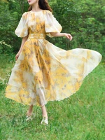 free shipping 2022 new fashion long mid calf summer chiffon lantern short sleeve big hem boshow women ruffles print dress