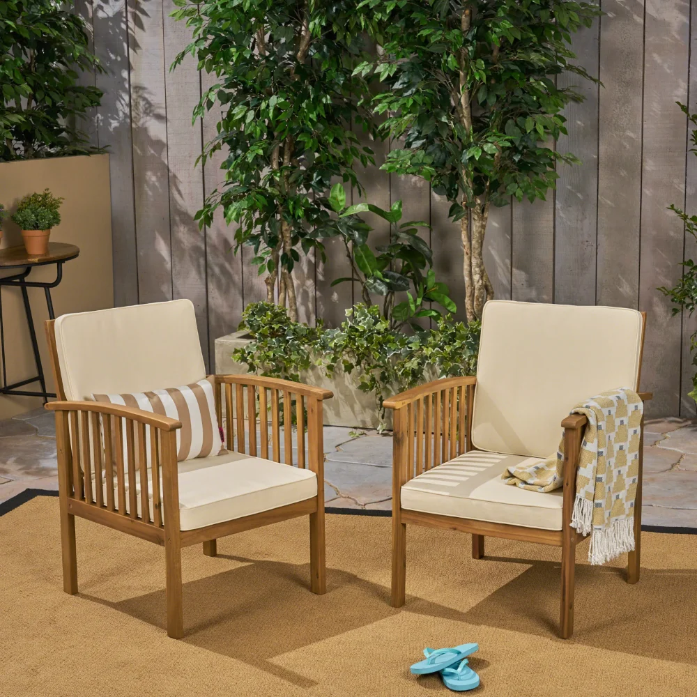 

Frederic Outdoor Acacia Wood Club Chairs With Cushions, Set of 2, Brown Patina, Cream