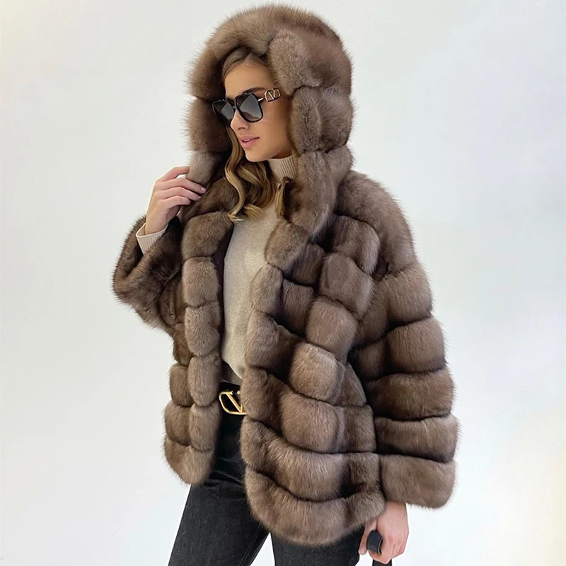 Natural Mink Color Hooded Fox Fur Coat Women Streetwear Casual Loose Cozy Outertwear Genuine Luxury Real Fur Jacket Female