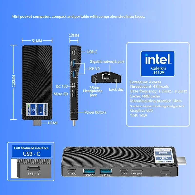 Фото Самый маленький в мире ПК-стик – Intel J4125, 8 ГБ ОЗУ, 128 ГБ, Win11 Pro, поддержка двух 4K-экранов, безвентиляторный, карманный мини-компьютер-стик с двумя 4K-выходами №2