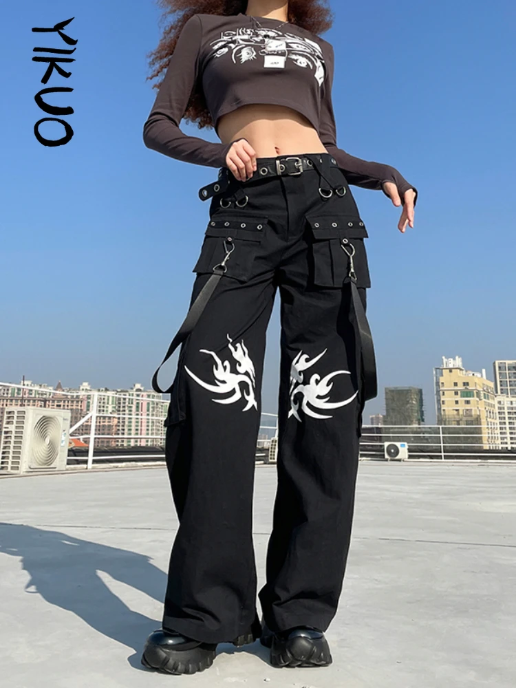 

YIKUO Goth Print Wide Leg Pants Women Black Techwear Eyelet Punk Style Dark Academia Low Waist Trousers Ribbons Streetwear
