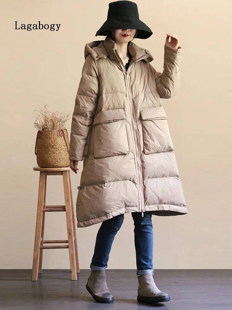 2022 Winter Women Hooded Loose Puffer Jacket Long Thick Warm Parkas 90% White Duck Down Coat Female Windproof Outwear