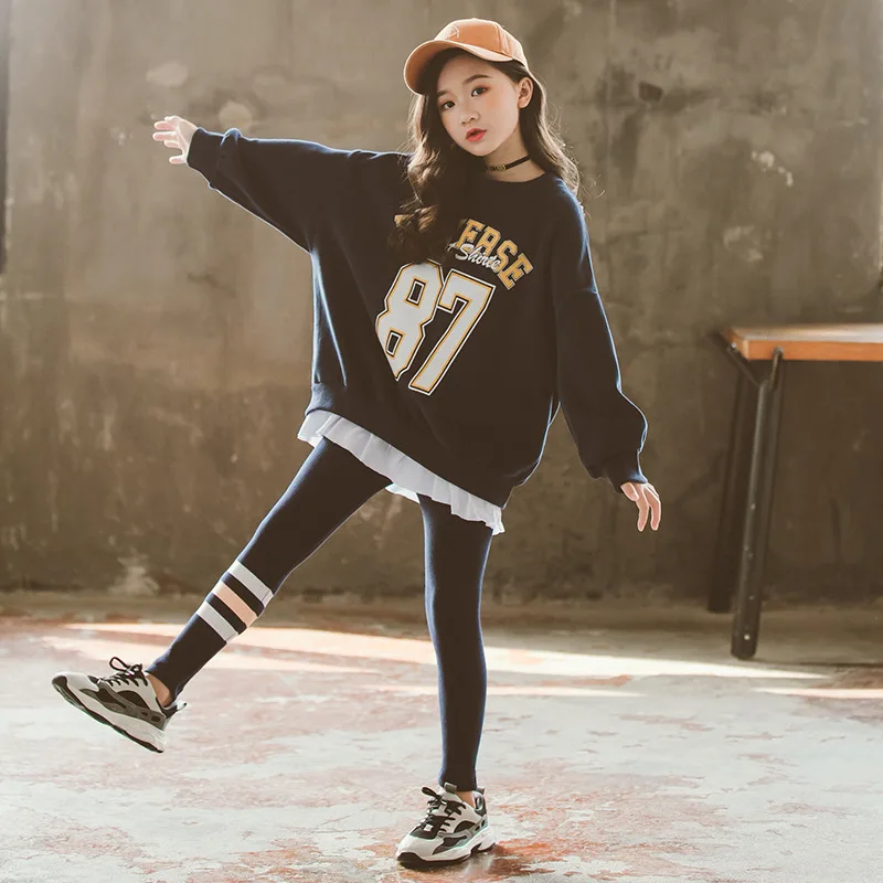 Girls Sweatshirt Sets Spring O-neck Pullover Leggings Two-piece Suit Blue Letter Teens Kids Clothes Tracksuit for Children 12 Y