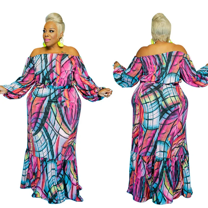 Plus Size Sets Wholesale Two Piece Set Women Skirt Suits Sexy Off Shoulder Print Casual Streetwear 3xl 4xl 5xl 6xl