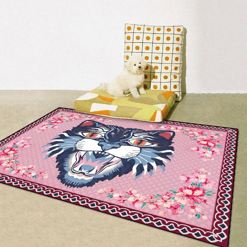 

Rug for Living Room Fashion Nordic Girl Pink Pastoral Flowers Carpet Cartoon Blue Leopard Cat Living Room Bedroom Bedside Mat