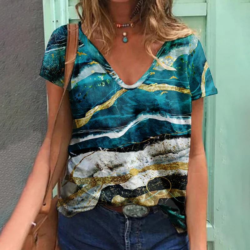 

Футболка женская оверсайз с V-образным вырезом, Повседневный пуловер в стиле Харадзюку, с 3D принтом, с коротким рукавом, уличная одежда, лето