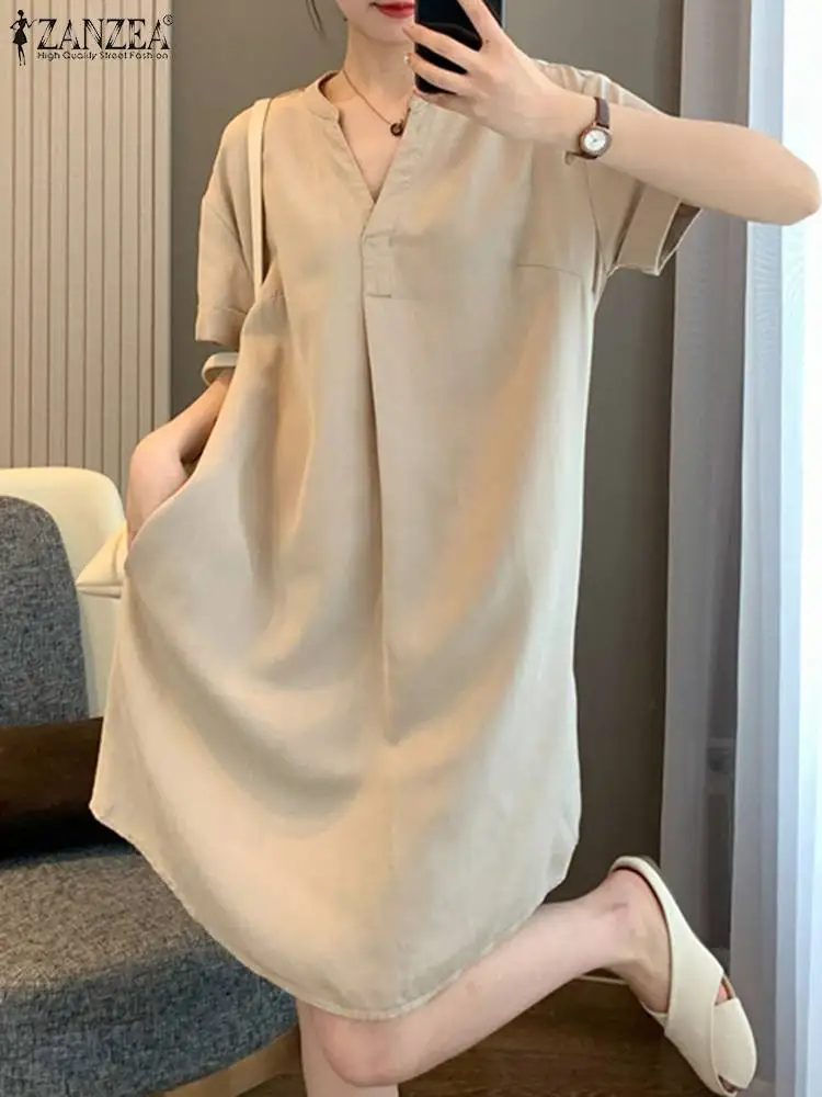 

ZANZEA Casual Loose Short Sleeve Robe Fashion Women Solid Mini Dress Vintage V-neck Short Vestidos Holiday 2023 Summer Sundress
