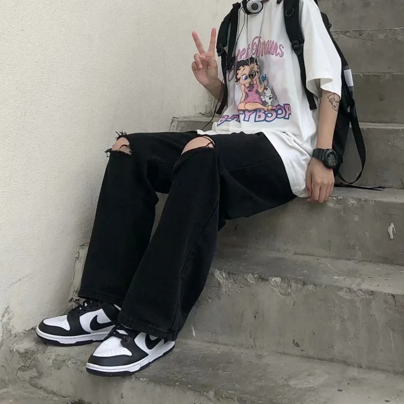 Summer Ripped Jeans Men Fashion Casual Wide Leg Jeans Men Streetwear Loose Hip Hop Hole Straight Denim Pants Mens Trousers S-5XL